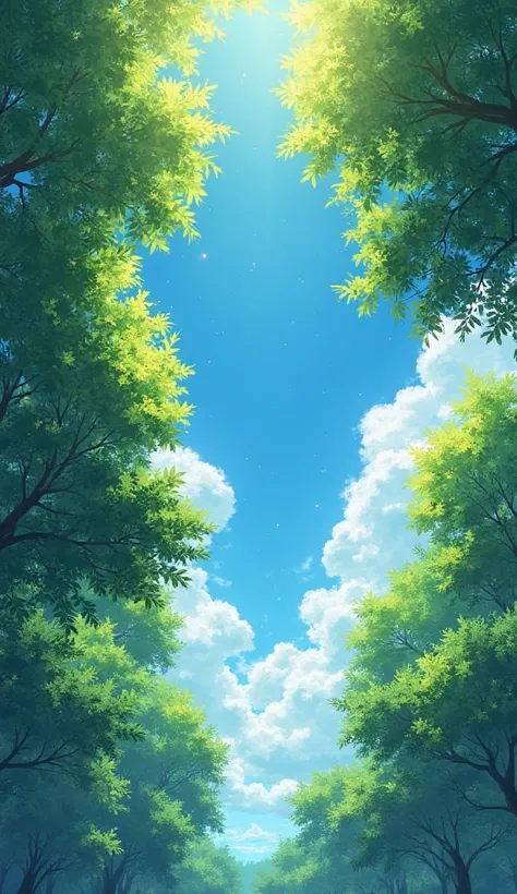 lush green forest canopy, looking up, bright blue sky, fluffy white clouds, sunlit leaves, serene nature, summer day, vivid colors, tranquil, peaceful ambiance