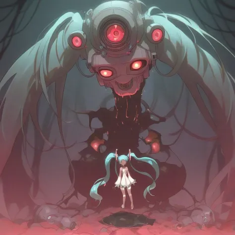 masterpiece, best quality, high quality, 1girl, miku, hatsune miku, vocaloid, evil, villain, bacterial contamination, robot, robotic, calne ca (deino)