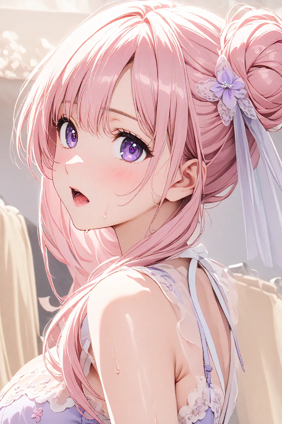 dorothyrnd, pink hair, long hair, hair bun, braid, purple eyes, large breasts ,wet 、 juice 、dynamic、（ viewed from directly below:1.5)、（  Gloomy Eyes:1.3）, saliva 、   open your mouth 、( masterpiece:1.3),    dynamic Poses、 shiny skin,  delicate depiction,The...