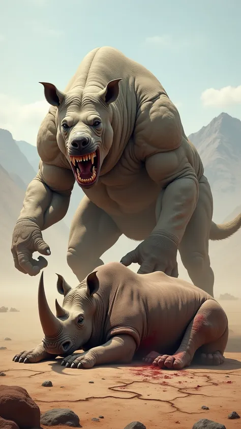 3. Giant Dog vs Giant Rhino – Cracked Earth Carnage

“In the middle of a vast, barren wasteland, a towering, monstrous dog, its fur matted with dirt and battle scars, stands over a massive, defeated rhino. The rhino’s thick armor-like hide is torn open, it...