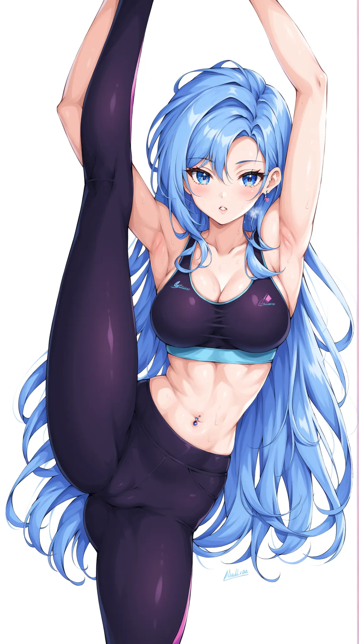 Score_9up, score_8up, score_7up, masterpiece, best quality, very aesthetic, absurdres, newest, 1girl, solo,standing_split,minah, blue hair, long hair, blue eyes, sports bra, yoga pants,