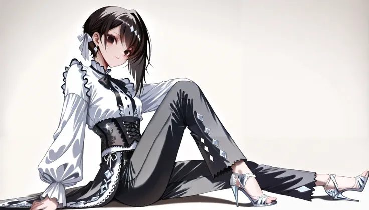 Cool women、beauty、Yandere、Christian Dior Necklace、(black lace background, sitting on the floor pose, view from side)、(black hair, black eyes)、((black corset, black frilly full clothed blouse, black pants, e-girl fashion, (white peals and black lace), (full...