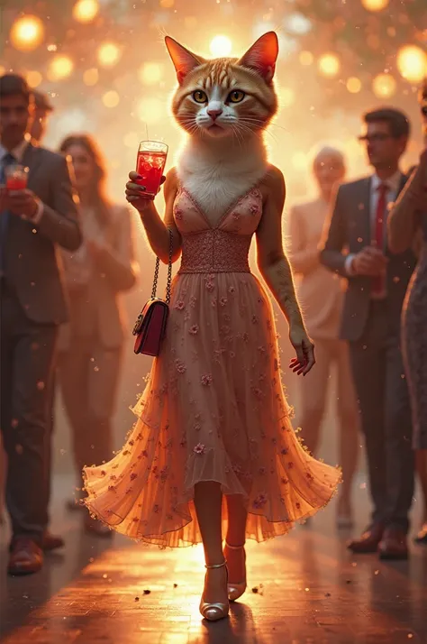 mom cat After wearing a dress put her high heals shoes and a hand bag and came to the party. She drinks a juice
