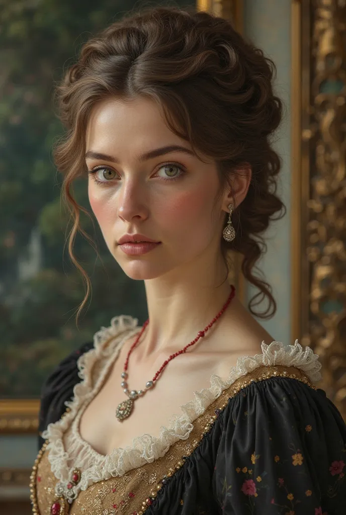 A 19th century European woman with light brown hair dark honey eyes aged more or -40 years