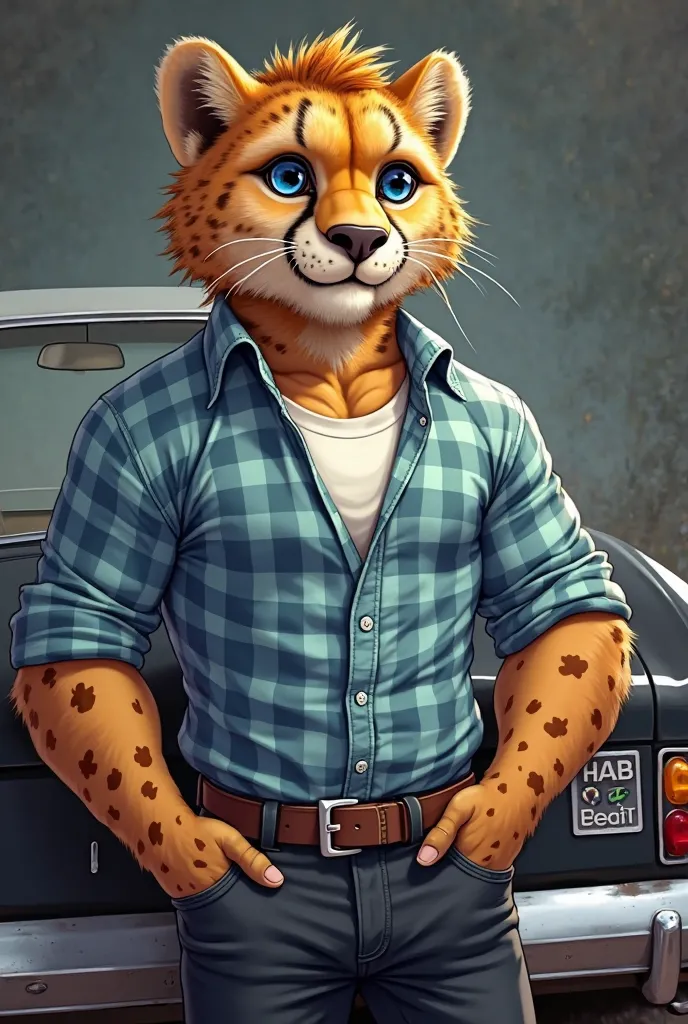 best quality, photorealistic, shaggy cheetah, blue eyes,  Muscular, detailed muscles, fluffy,  blue checkered shirt , disheveled thick hair,  white shirt, black jeans,  sweet smile, beautifully drawn eyes, classic black car background,  retro, wide hips,  ...