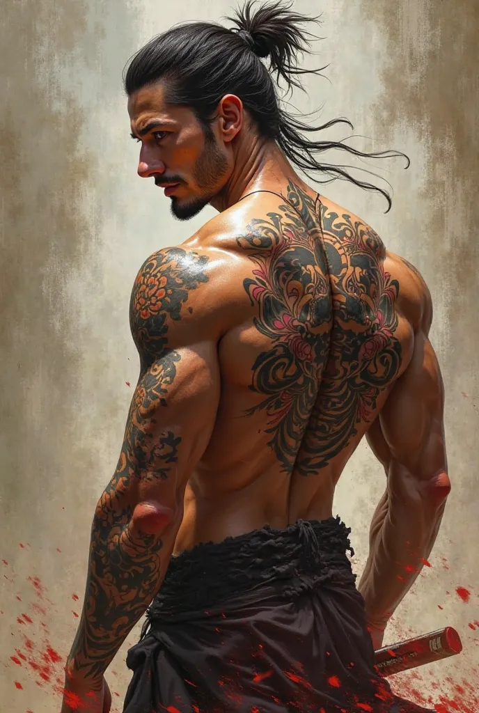 Sexy brown man with samurai tattoo on his back 