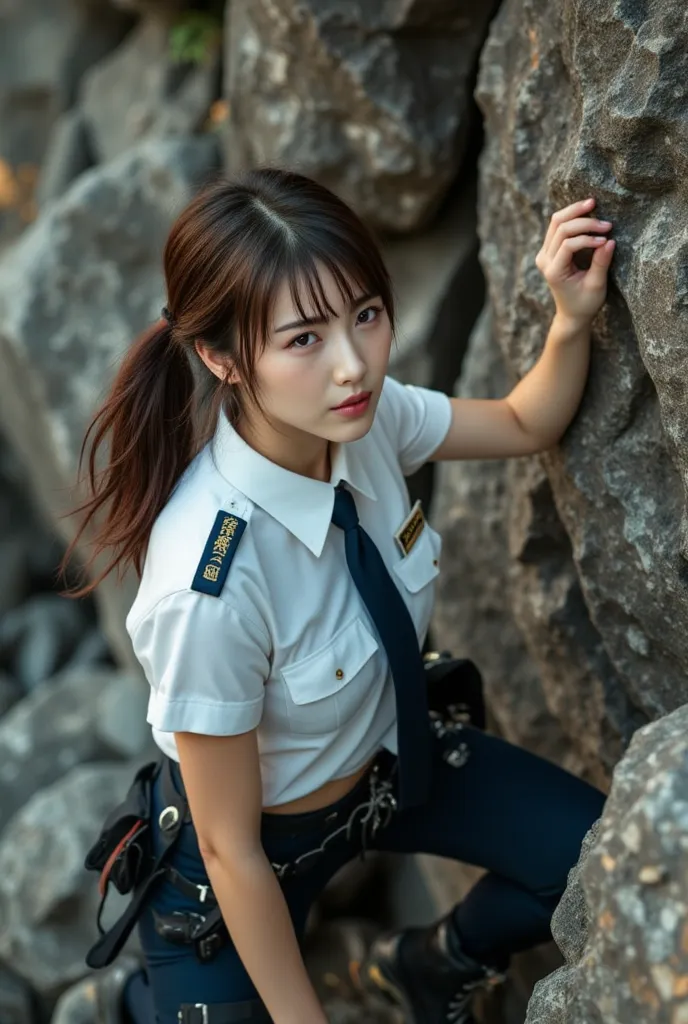 Sexy beautiful Japanese woman, a self defense officer uniform, wearing a white short-sleeved shirts, navy blue tie, Black mountaineering boots, beautiful hip-line, Beautiful thighs, a woman rock climbing, A woman clings to a rock pile, extremely detailed f...