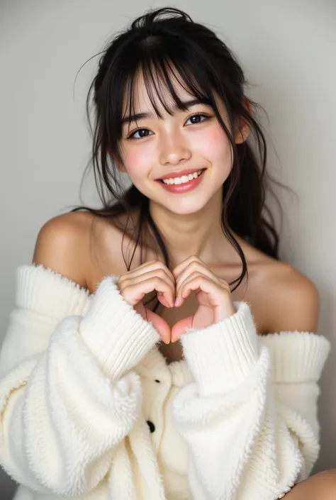 cute笑顔の女性が１people、cute, fluffy off-shoulder pajamas,  make a big heart with both hands , posing with arms in front of chest, View above the collarbone、  has a monotone background  、
