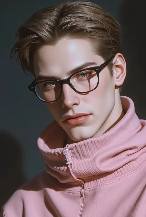 A handsome young man with short blond hair, blue eyes, wearing a pink sweater that covers her neck, and also wearing black glasses, but their lenses are transparent. Her features are close.