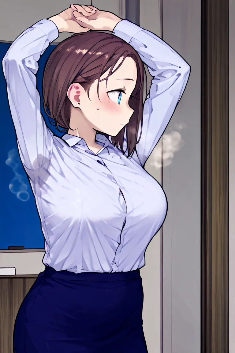 NSFW、company、 realistic、cute、Junior、 dark brown hair、Beautiful Girl、office lady、、 slightly larger breasts、thin body、white shirt、Chest Valley、tight skirt、((sweat、sweat染み))、(( raise one hand、turns to the side、Smell))、 large amount of love liquid、((masturbate...