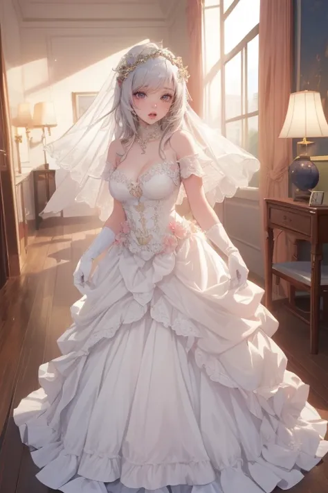 Medium to Long Range Shooting,   full dress shot   ,   full body view ,  Candid portrait, (  Anime Girl, solo focus:1.5), beautiful gorgeous captivating cute adorable princess, Nose blush, (  blanking:1.5), (pink eye:1.5) , (((hyper detail delicate beautif...