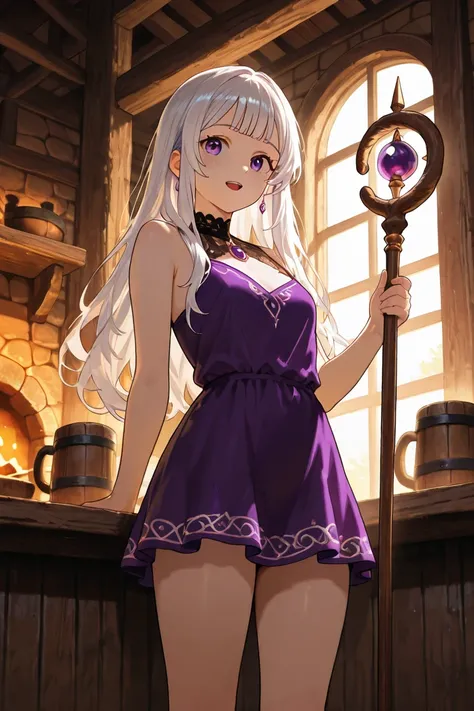 medium hair with bangs, eleven, white hair, holding a staff with a purple stone, half-short dress, in a tavern, And behind a bard singing,