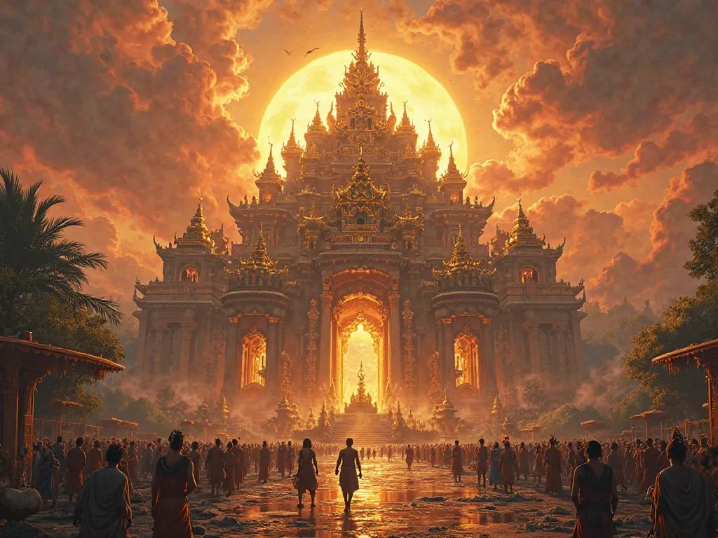 A stunning visual of the grand palace of King Ravana in Lanka. The palace is an architectural wonder, built with gold, gems, and intricate carvings, standing tall against a backdrop of a mystical, fiery sunset. The scene is bustling with divine creatures a...