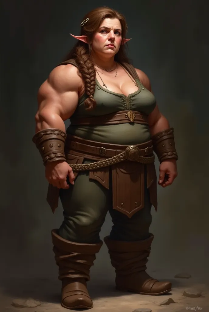 Painted portrait, waist up. Subject is a short, broad-shouldered dwarf woman, with a muscular but compact build, evoking a hardworking attitude. She has a sturdy, well-built frame, with toned muscles that reflect strength, but not the exaggerated bulk of a...