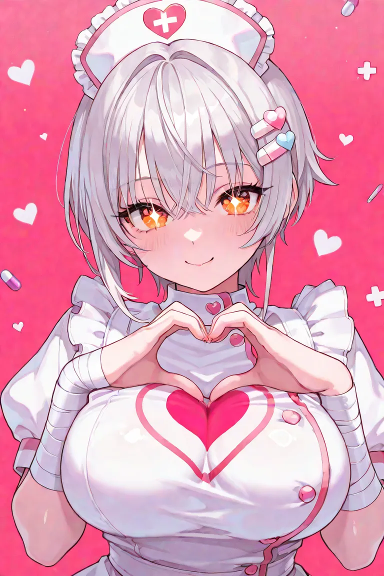 Masterpiece, best quality, kawaii,pastel color,cute nurse girl with a pink theme,one girl,  (silver short hair: 1.2), (shiny orange eyes: 1.2), big breasts, delicate long eyelashes, hair clips and bandages, big sparkling eyes with heart shapes inside, nurs...