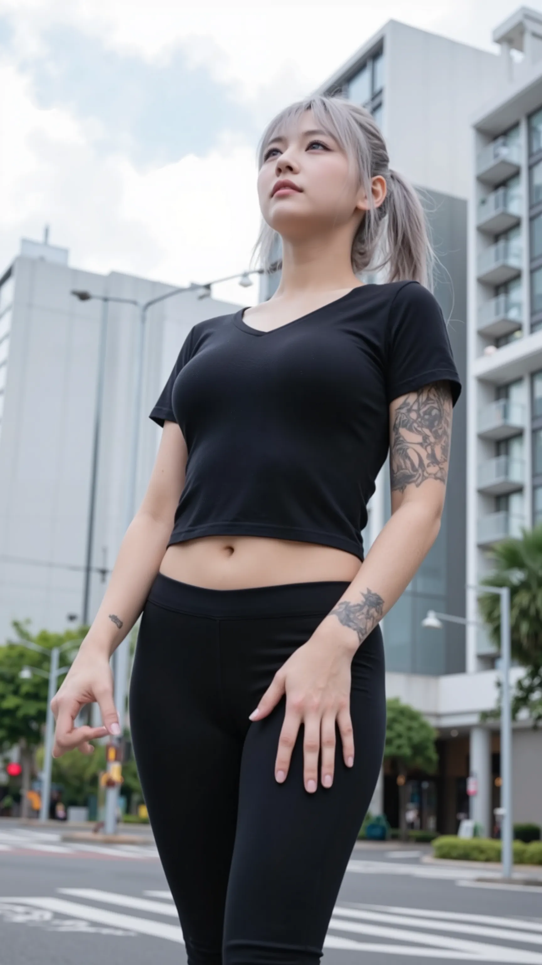 Woman standing at a scramble crossing in Tokyo、with buildings in the background、wearing tight black skinny pants and a short, tight black t-shirt、Toned abs visible、( silver hair short hair)、Full Body Tattoos、in bed looking up at the sky、Highest quality pho...