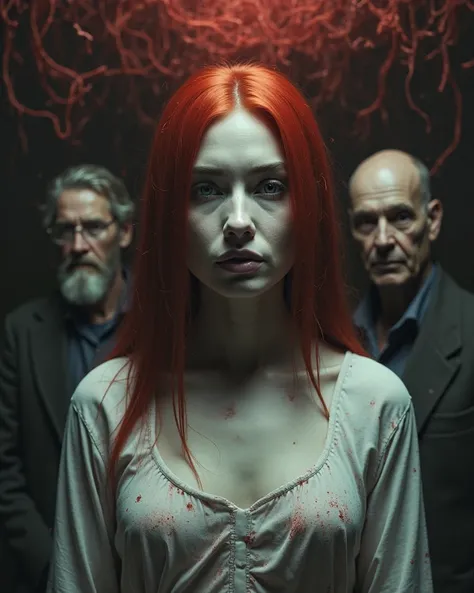 Create an image as a horror movie poster, , especially a white, red-haired woman with straight hair up to her shoulders, some other characters and a creepy creature in the background, with the title of the movie in the spotlight.  creature.