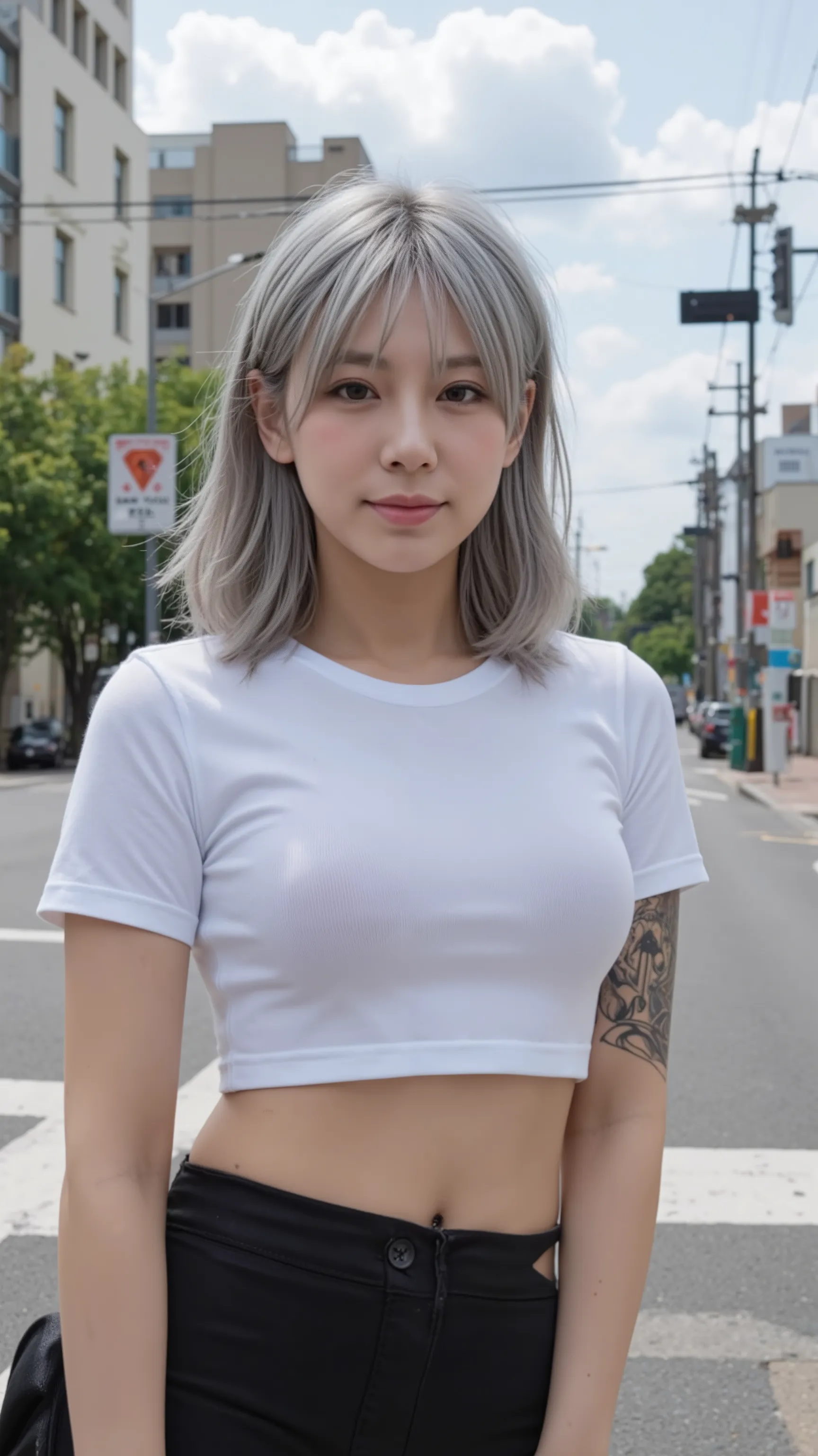 Woman standing at a scramble crossing in Tokyo、with buildings in the background、I'm wearing tight black skinny pants and a short, tight white t-shirt、Toned abs visible、( silver hair short hair)、(big breasts)、Full Body Tattoos、The view of looking up at the ...