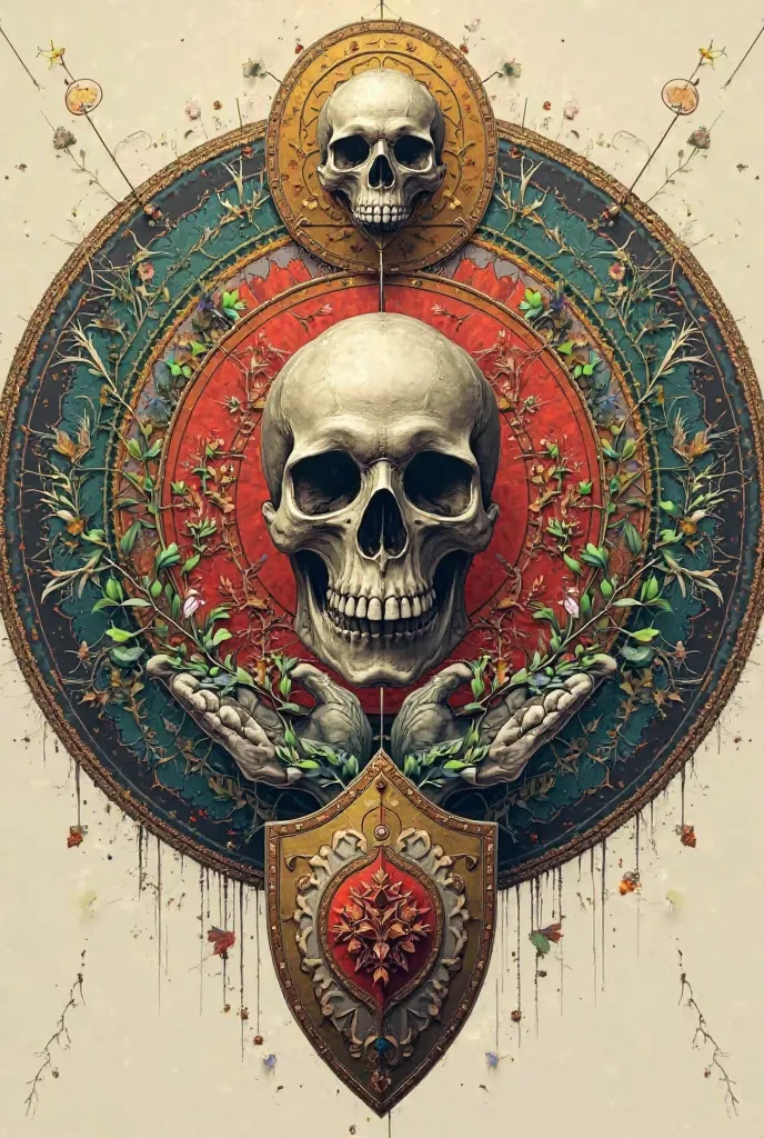 **central**: A circle that encapsulates the concept of "Love Fati", with a complex pattern that represents the cycle of life, perhaps incorporating colors that evoke the seasons.
- **Above the circle**: imposingly positioned, an artistically crafted skull ...