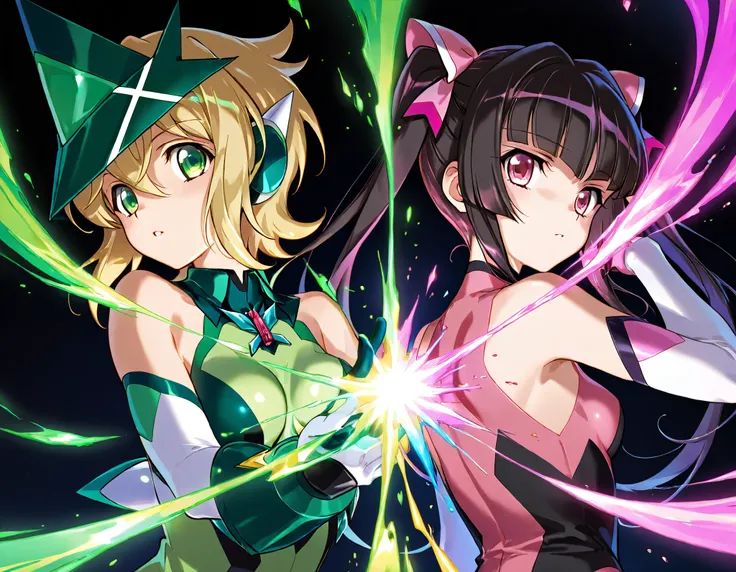 (( 2 girls)),symphogear,Akatsuki Kirika, Tsukuyomi Shirabe, black background,colorful, vibrant, Shining Contours ,neon,colorful、official art、,viewer, masterpiece, very aesthetic、Battle Pose、Light Powder、neonヘア、
