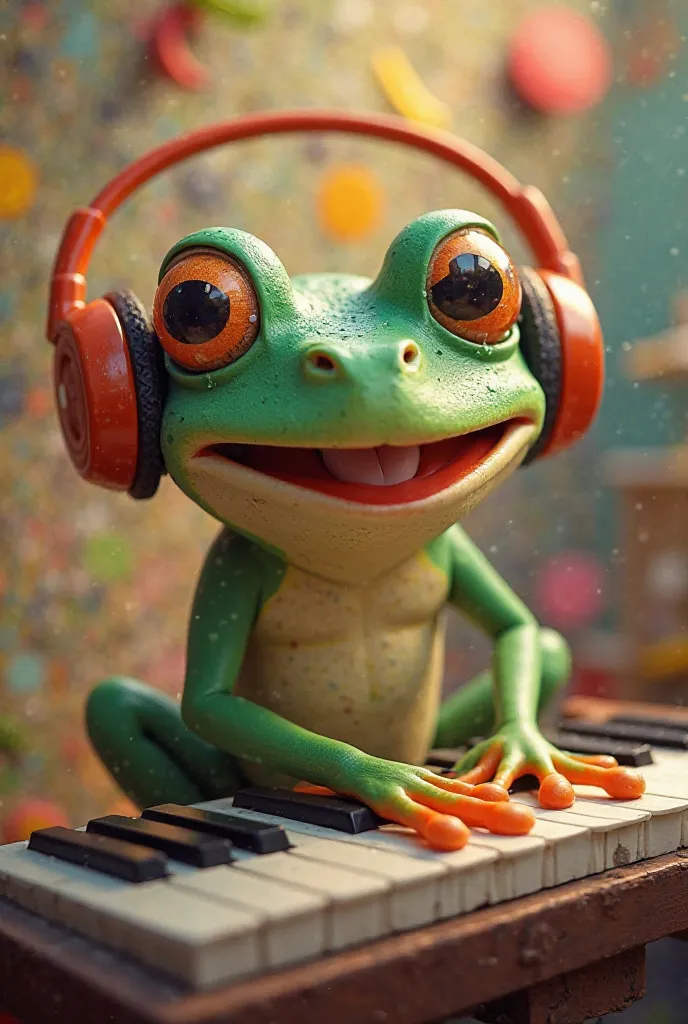 Can you help me create an image with musical backgrounds and sheet music, cheerful color, in which a little frog in the shape of a caricature is playing the keyboard and has headphones on 