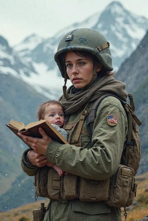 Female sodier with a helmet and a Bible carring a baby starring a high mountain