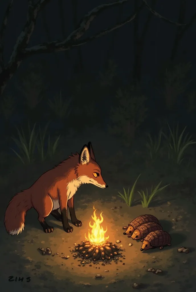 The fox sees 2 tatú passing away and begins to stoke the fire.