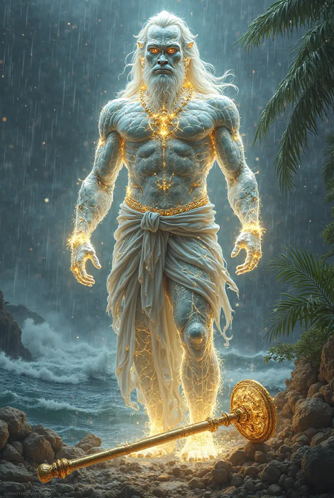 Hanuman monkey with king
walking transparent  body diomond 
 gold current crack in glow yellow with gada background rain in sea and coconut and gada 