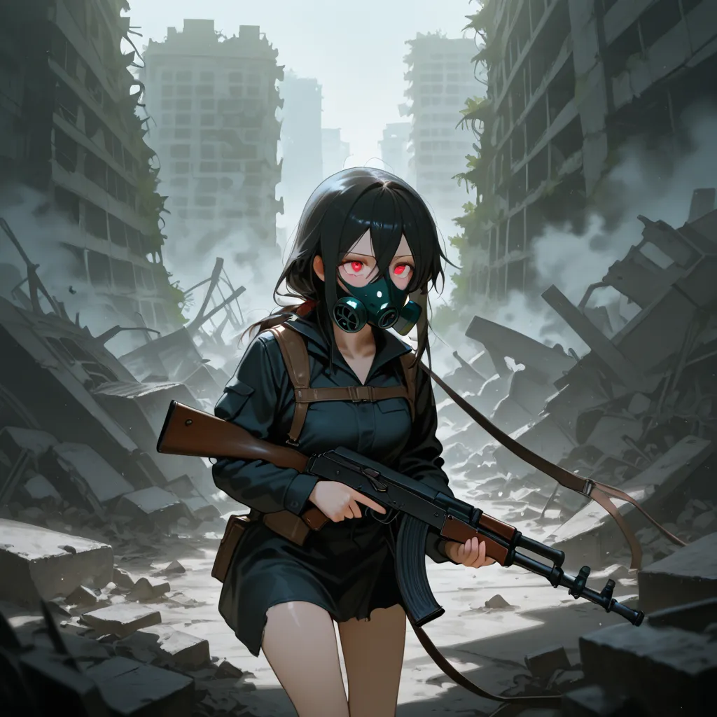 masterpiece, best quality, high resolution, anime, 1girl, between eyes, 1AK-47, gas mask, ruins