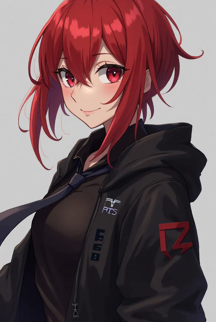 anime character with red hair and black shirt and tie and a black hoodie turning to the camera,  digital art ,  digital art, Persona 5 style, !!full body portrait!!, Persona 5 Art Style, anime style”, 
