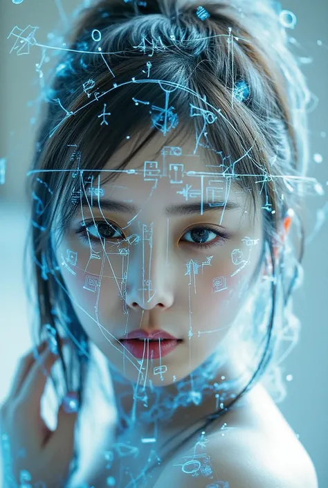 Android Girl Blueprint, (masterpiece:1.2, Exceptional Quality, mirror-like, Cinematic Experience, Photorealistic:2.0, RAW Photos:2.0, Super detailed), 8k,wallpaper, (Representing blueprints through holograms:2.0), (Beautiful woman:2.0), Female Cyborg, Whit...