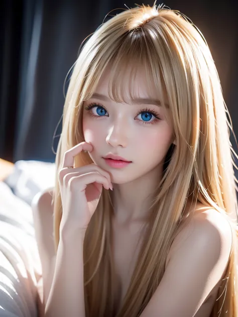 A beautiful 16-year-old blond girl who is very white and beautiful、masterpiece, Best Quality, illustrations, babyface、Ultra-fine detail,  natural platinum blonde with natural shine 、Super long straight silky sheer hair、super long super long straight rapunz...