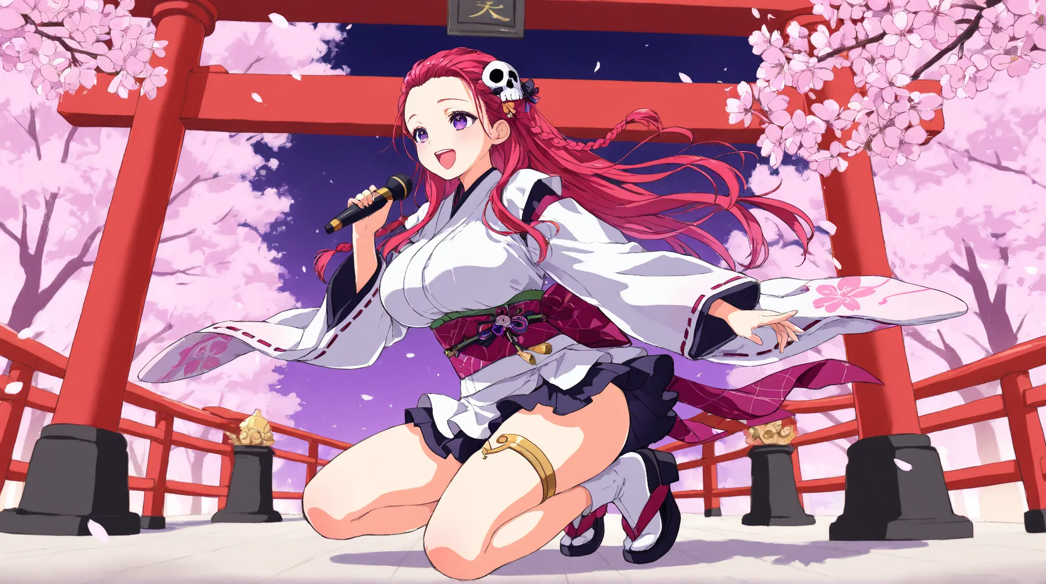 solo, long hair,  Gold,  purple eyes, High Resolution, Best Quality, 7:3 parted hairstyle、forehead, slicked back hair、Horizontal hair with single braids, hair that flutters in the wind, big breasts, laughing, with microphone、singing、 kimono、 Japanese style...