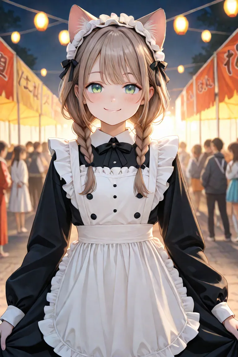 light brown hair、Braids、green eyes、 cat ear maid、School Festival