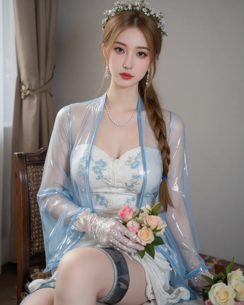 score_9, score_8_up, score_7_up, score_6_up, 1girl, 1007 Chinese wedding dress,Transparent latex dress with floral pattern, lots of frills, off the shoulder dress, round breasts, green eyes, long gold hair braided,Transparent blue Latex jacket with a flowe...