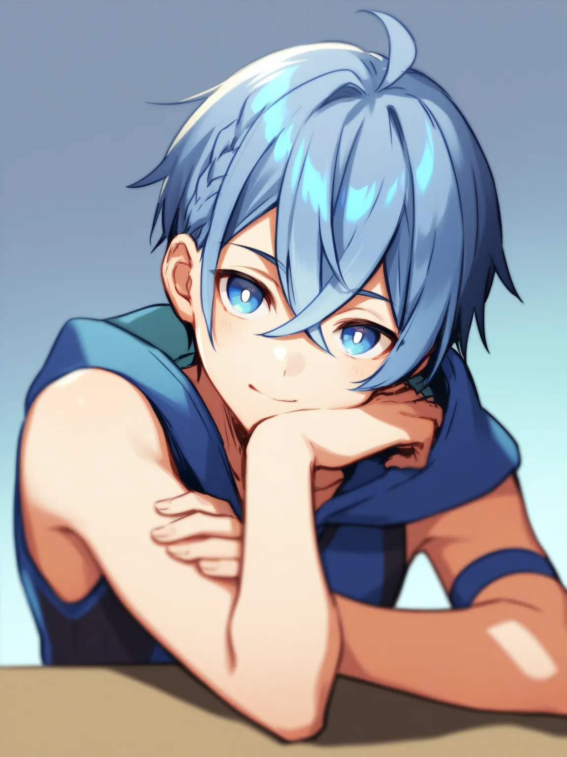 1 person、front、front、front、front、Place one elbow on the table and place your hand on your cheek、Blue Hair、asymmetrical horizontal hair 、 crossed bangs、Blue pupil、short hair、 male、wears a hood、gentle expression、Vtuber、stare at me、Genshin-like outfit、sleevel...