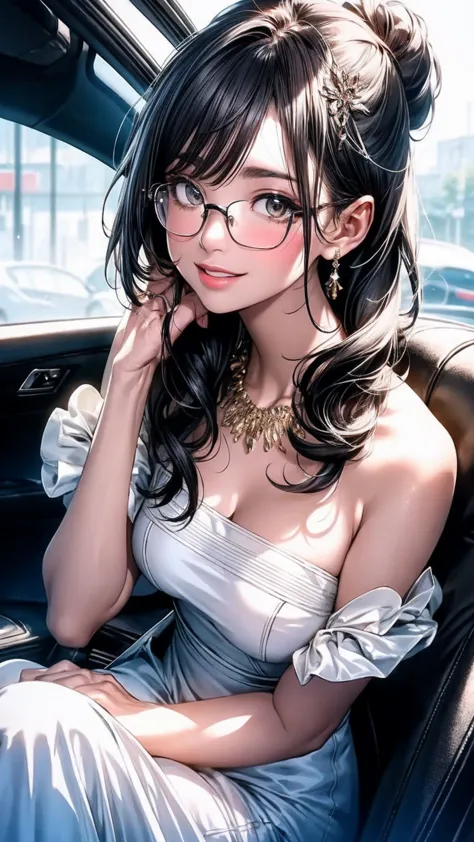 glasses、thin eyebrows、With a kind smile、 happy expression 、Masterpiece, high score, grade score, absurd elegance, high-end ornaments,, highly aesthetic, ultra-high resolution, 8k, high-detail RAW color art. A breathtakingly beautiful 17-year-old girl with ...