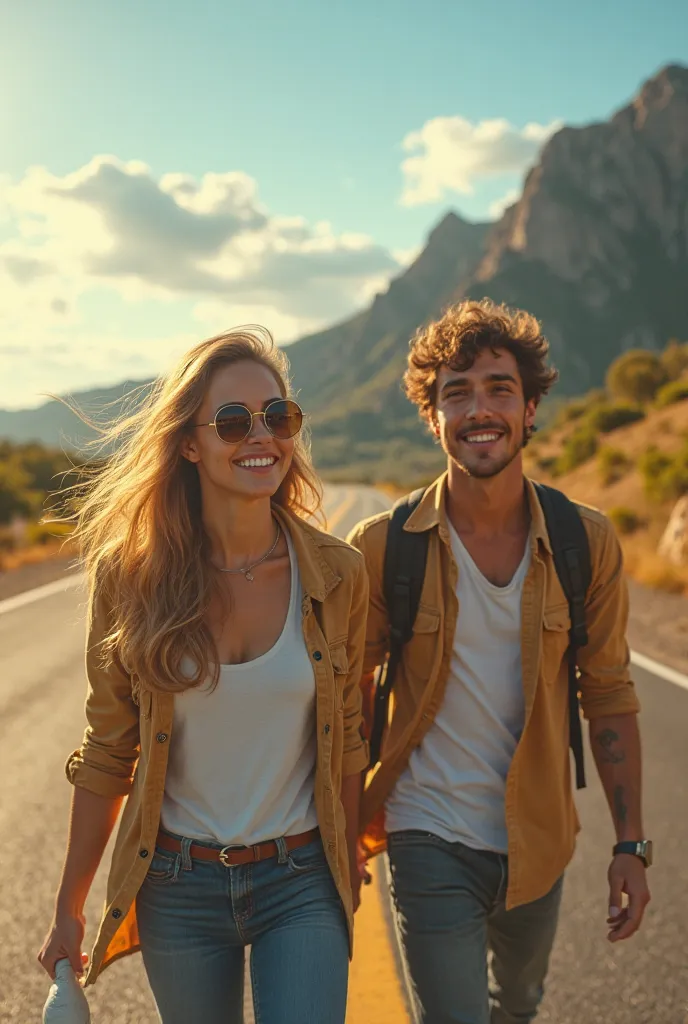 A young college lovers going on road girl wear a sun glasses 