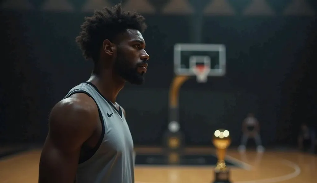 A championship-winning basketball player alone in a dark gym, still practicing after the celebration. A single championship trophy sits in the background, barely visible. The player's face is focused, showing that success is never enough.