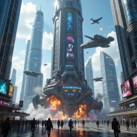 (best quality,4k,8k,highres,masterpiece:1.2), photorealistic,photo-realistic:1.37),highly detailed futuristic cybercity. Skyscrapers with media screens for windows reach high into the crystal clear blue sky. A giant war craft has crashed into a skyscraper,...