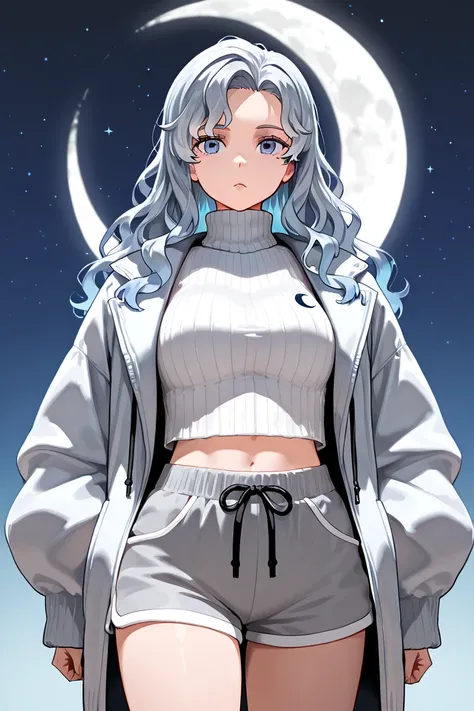 1woman, long wavy hair, silver gray hair, deep blue hair, deep blue eyes, tall, fit, oversized jacket, crescent moon, stars, ribbed turtleneck, crop top, drawstring shorts, casual, futuristic, neutral expression, confident expression