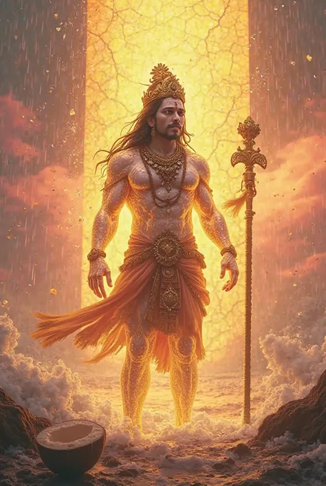 Hanuman monkey with मुकुट 
walking transparent  body diomond sky pink
 gold current crack in glow yellow with gada background rain in sea and coconut and gada 