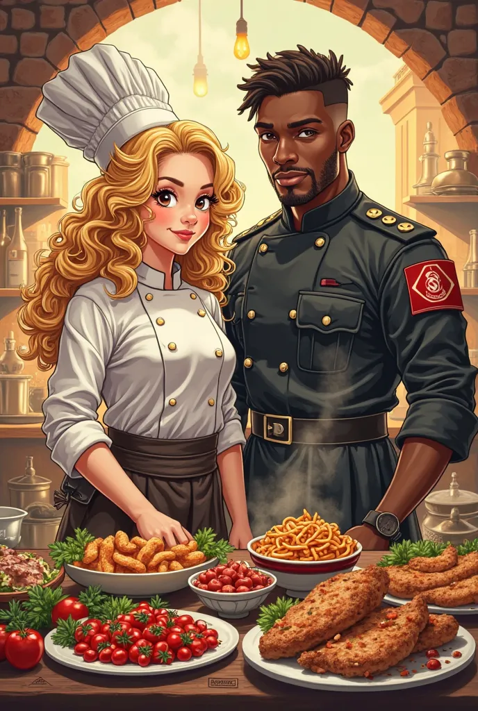 Create a logo for my restaurant where a blonde woman appears with curly hair and brown eyes, Who is the chef, next to a soldier with black skin, where they are surrounded by a lot of food., everywhere there is food on them as well . I need to be creative, ...