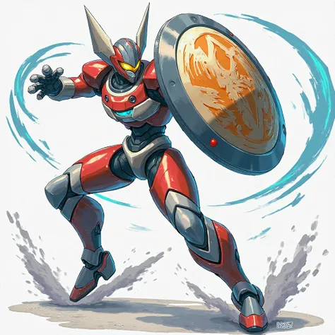 Digimon robot, Medabot, Medarot,  defensive , with a round shield, dodging , design , anime