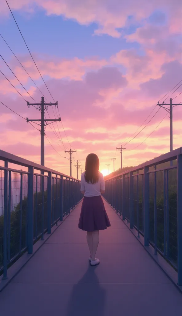 "Create an image of a female character walking along a bridge at sunset. The background should feature a colorful sky with soft pink, orange, blue, and purple hues. The character should be depicted from behind, wearing a skirt, with their back slightly tur...