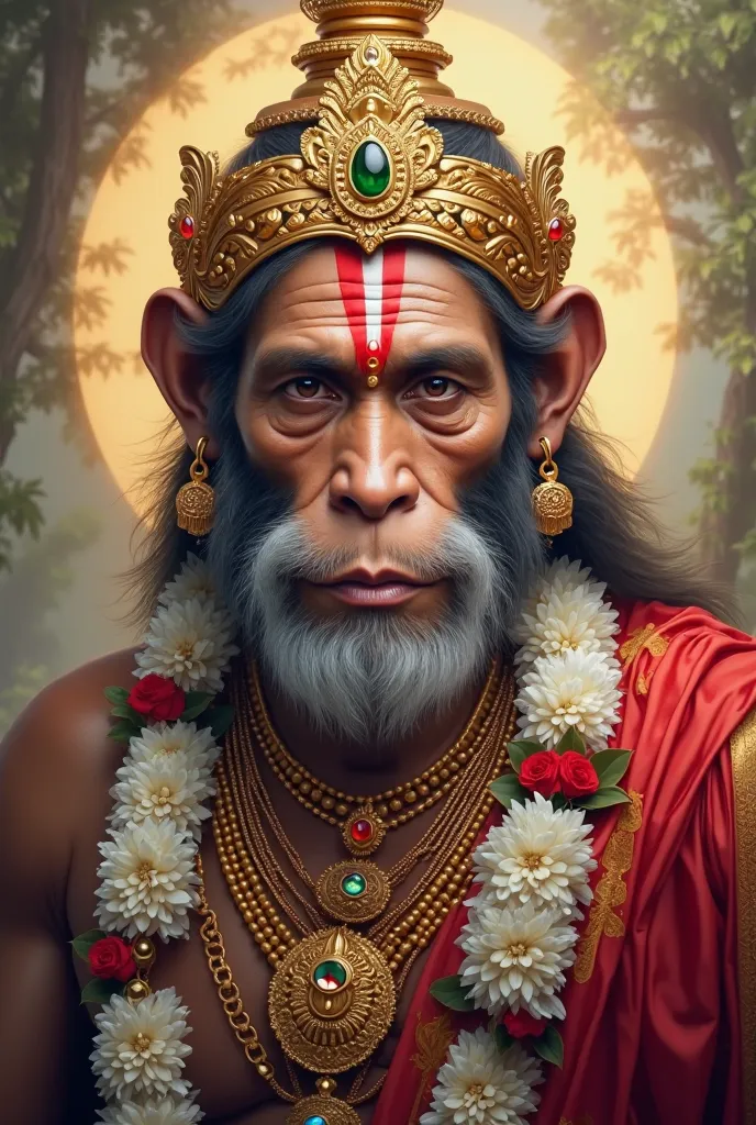 "A hyper-realistic digital painting of Lord Hanuman with a divine and powerful presence. His face closely resembles that of a serene yet mighty monkey god, with soft brown fur, a well-groomed white beard, and a calm, wise expression. His eyes are large, de...