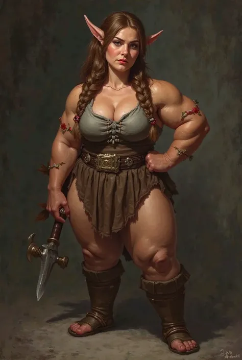 Painted portrait, waist up. Subject is a short, broad-shouldered dwarf woman with a muscular but compact build, evoking a hardworking attitude. She has a sturdy, well-built frame, with toned muscles that reflect strength, but not the exaggerated bulk of a ...