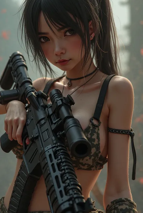 
a close up of a person holding a gun and naked, fps game, with rifle, thicc, m4 sopmod ii girls frontline, ifunny watermark, handling riffle on chest, carrying a rifle, holding rifle, holding a rifle, of a sniper girl in war, no censorship