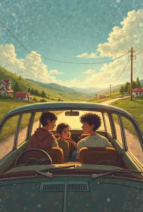 Two boys and a girl in a soft car on their way back to their hometown 