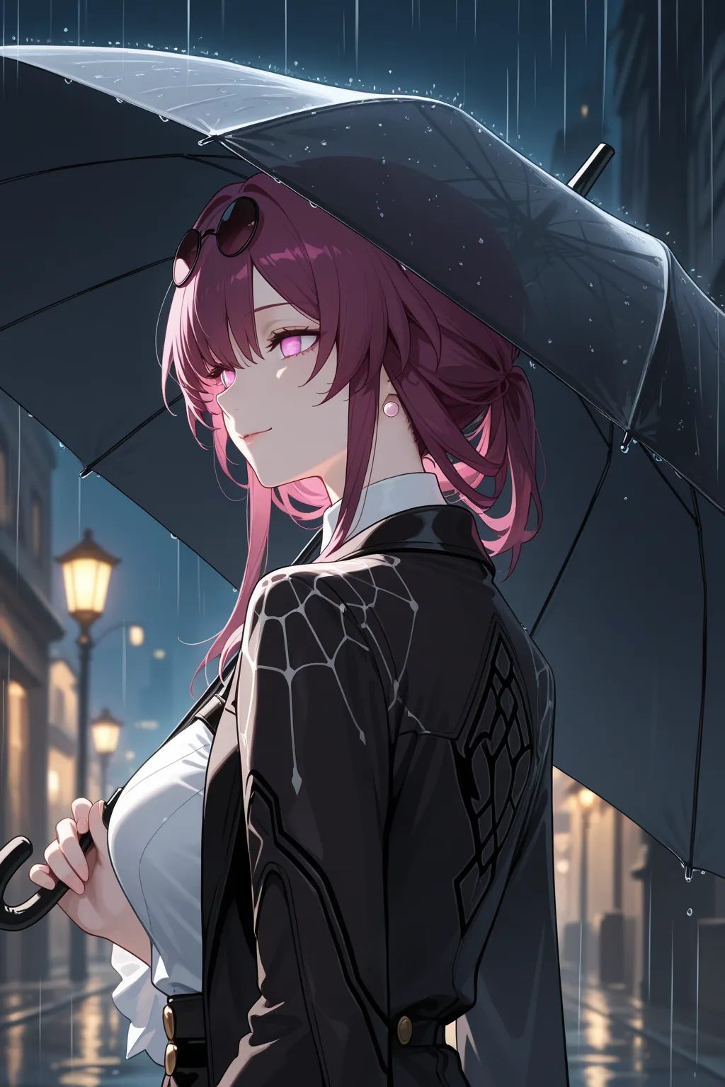 masterpiece, best quality, amazing quality, very aesthetic, newest, solo, 1girl \(kafka: honkai star rail\) \(black umbrella, holding umbrella, umbrella over head\), smile, soft smile, face focus, detailed face, intricate eyes, rain, raining, standing, sta...